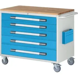 Kompaktwerkbank, fahrbar, 5 Schubladen, HxB 975 x 1145 mm, lichtgrau / lichtblau eurokraft pro