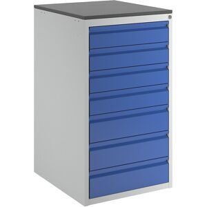 Schubladenschrank mit Teleskopführungen, Höhe 1030 mm, Schubladen 4 x 120, 3 x 150 mm, lichtgrau / enzianblau, Breite 580 mm RAU