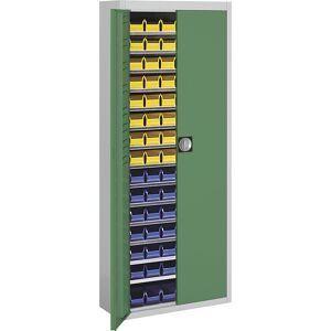 Magazinschrank mit Sichtlagerkästen, HxBxT 1740 x 680 x 280 mm, zweifarbig, Korpus grau, Türen grün, 90 Kästen mauser