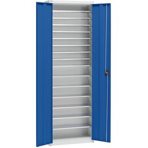 Materialschrank aus Stahlblech, Höhe 2000 mm, lichtgrau RAL 7035 / enzianblau RAL 5010, 15 Böden eurokraft pro
