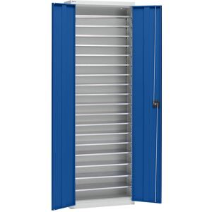 Materialschrank aus Stahlblech, Höhe 2000 mm, lichtgrau RAL 7035 / enzianblau RAL 5010, 18 Böden eurokraft pro