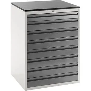 Schubladenschrank mit Teleskopführungen, Höhe 1030 mm, Schubladen 1 x 90, 7 x 120 mm, lichtgrau / anthrazit, Breite 770 mm RAU