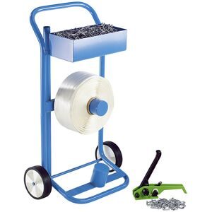 kaiserkraft Umreifungs-Set, PET-Kraftband gewebt, Spanngerät, fahrbarer Abroller, Band, Metallklemmen, Bandbreite 25 mm