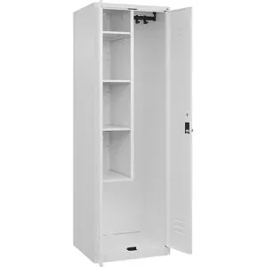 Putzmittelspind Classic PLUS, 1 Abteil, Trennwand mittig, verkürzt, verkehrsweiß, B 600 mm, mit Bodengleitern, Drehriegel C+P