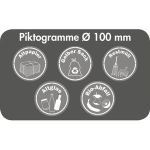 kaiserkraft Piktogramm-Set, Ø 100 mm, deutsch, mit Symbolen und Begriffen, weiß