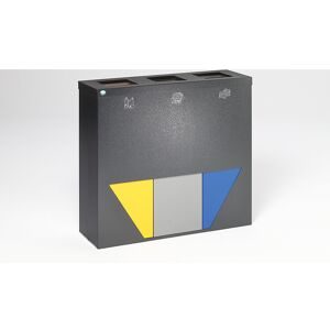 Wertstoffsammelstation TRAPEZ, 3 x 89 l, mit Aufsatz und Klemmring, antiksilber, 3 Einsätze gelb / silber / blau VAR