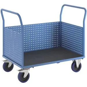 Plattformwagen, mit 3 hohen Lochblechwänden, LxB 1250 x 800 mm, Vollelastik eurokraft pro