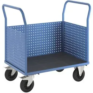 Plattformwagen, mit 3 hohen Lochblechwänden, LxB 1050 x 700 mm, Vollgummi eurokraft pro