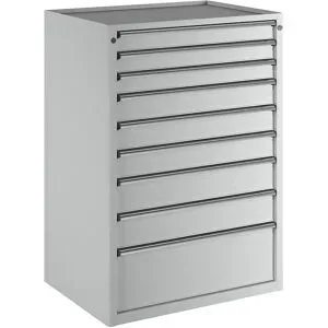 Schubladenschrank, BxT 910 x 675 mm, Schubladentraglast 100 kg, 9 Schubladen, Höhe 1280 mm, Front lichtgrau ANKE