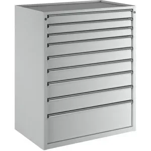 Schubladenschrank, BxT 1060 x 675 mm, Schubladentraglast 200 kg, 9 Schubladen, Höhe 1280 mm, Front lichtgrau ANKE