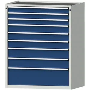 Schubladenschrank, BxT 1060 x 675 mm, Schubladentraglast 100 kg, 9 Schubladen, Höhe 1280 mm, Front enzianblau ANKE