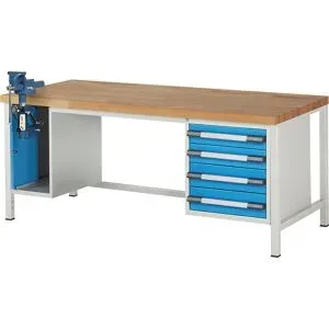 Werkbank, Gestellbauweise Serie 8000, 4 Schubladen: 2 x 120, 2 x 150 mm, 1 Schraubstock (Klapp-Lift), BxT 2000 x 900 mm eurokraft pro