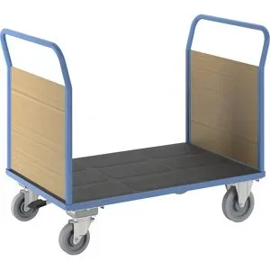 Plattformwagen mit Holzwänden, mit 2 Stirnwänden, mit Zentralstopp, LxB 1350 x 800 mm eurokraft pro