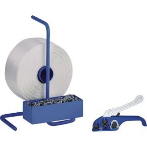 kaiserkraft Umreifungs-Set, PET-Kraftband gewebt, Spanngerät, tragbarer Abroller, Band, Metallklemmen, Bandbreite 25 mm