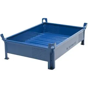 Stapelbehälter aus Stahlblech, niedrige Bauform, Wände geschlossen, BxL 1000 x 1200 mm, Traglast 2000 kg, blau, ab 1 Stk Heson