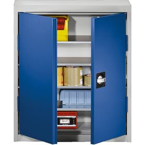 Materialschrank aus Stahlblech, Höhe 780 mm, lichtgrau RAL 7035 / enzianblau RAL 5010, 4 Böden eurokraft pro