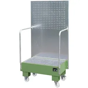 Fahrbare Auffangwanne mit Lochplattenwand, 2 x 60-l-Fass stehend nebeneinander, LxBxH 570 x 890 x 1685 mm, resedagrün eurokraft pro
