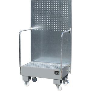 Fahrbare Auffangwanne mit Lochplattenwand, 2 x 60-l-Fass stehend nebeneinander, LxBxH 570 x 890 x 1685 mm, mausgrau eurokraft pro