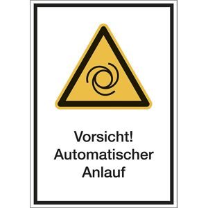 kaiserkraft Kombischilder mit Text für Warnkennzeichen, Vorsicht! Automatischer Anlauf, VE 10 Stk, Folie, LxH 210 x 297 mm