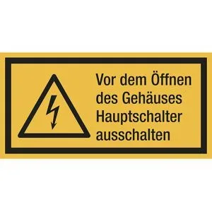 kaiserkraft Kombischilder mit Text für Warnkennzeichen, Vor dem Öffnen des Gehäuses, Hauptschalter ausschalten, VE 10 Stk, Folie, LxH 52 x 26 mm