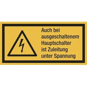 kaiserkraft Kombischilder mit Text für Warnkennzeichen, Auch bei ausgeschaltetem Hauptschalter ist Zuleitung unter Spannung, VE 10 Stk, Folie, LxH 131 x 65 mm