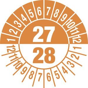 kaiserkraft Prüfplakette, Mehrjahreszahlen, Dokumentenfolie, Ø 30 mm, VE 10 Stk, 27/28, orange