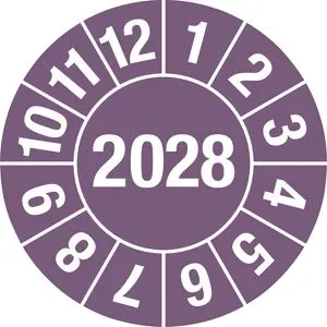 kaiserkraft Prüfplakette, Jahreszahl 4-stellig, Dokumentenfolie, Ø 25 mm, VE 10 Stk, 2028, violett