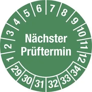kaiserkraft Mehrjahresplakette, Nächster Prüftermin, Dokumentenfolie, Ø 20 mm, 29 - 34, grün