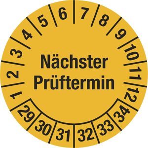 kaiserkraft Mehrjahresplakette, Nächster Prüftermin, Dokumentenfolie, Ø 20 mm, 29 - 34, gelb