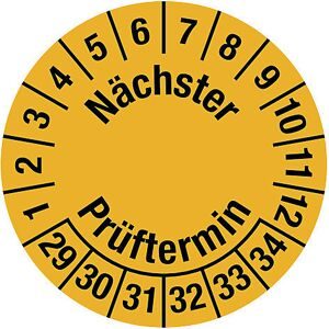 kaiserkraft Kabelprüfplakette, Mehrjahreszahlen, gelb, Folie, LxH 25 x 95 mm, VE 10 Stk, 2029 - 2034