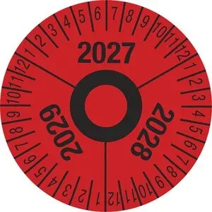 kaiserkraft Prüfplakette, Mehrjahreszahlen, rot, Folie, Ø 40 mm, VE 10 Stk, 2027 - 2029