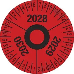 kaiserkraft Prüfplakette, Mehrjahreszahlen, rot, Folie, Ø 40 mm, VE 10 Stk, 2028 - 2030