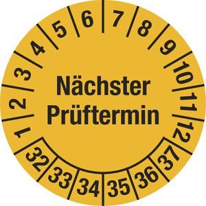 kaiserkraft Mehrjahresplakette, Nächster Prüftermin, Dokumentenfolie, Ø 20 mm, 32 - 37, gelb