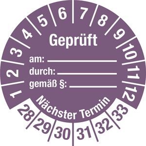 kaiserkraft Geprüft/Nächster Termin, Dokumentenfolie, Ø 30 mm, VE 10 Stk, 28 - 33, violett