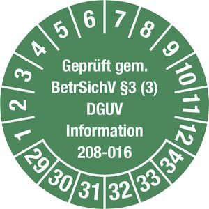 kaiserkraft Geprüft gem. BetrSichV §3, Dokumentenfolie, Ø 30 mm, VE 10 Stk, 29 - 34, grün