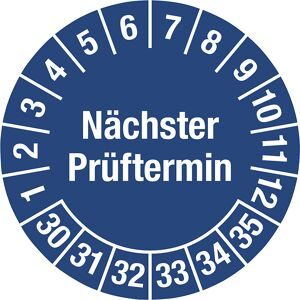 kaiserkraft Nächster Prüftermin, Mehrjahreszahlen, Dokumentenfolie für ölhaltige Untergründe, Ø 30 mm, VE 10 Stk, 30 - 35, blau