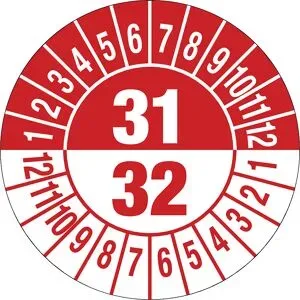 kaiserkraft Prüfplakette, Mehrjahreszahlen, Dokumentenfolie, Ø 25 mm, VE 10 Stk, 31/32, rot