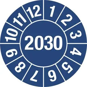 kaiserkraft Prüfplakette, Jahreszahl 4-stellig, Dokumentenfolie, Ø 25 mm, VE 10 Stk, 2030, blau