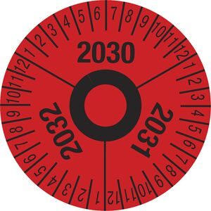 kaiserkraft Prüfplakette, Mehrjahreszahlen, rot, Folie, Ø 40 mm, VE 10 Stk, 2030 - 2032