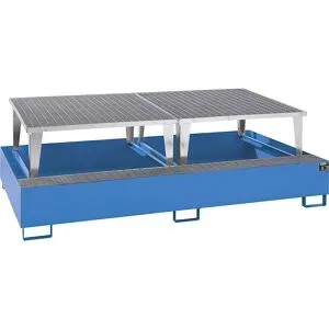 eurokraft pro Stahl-Auffangwanne für Tankcontainer IBC / KTC, LxBxH 2650 x 1460 x 865 mm, mit 2 Abfüllaufsätzen, Auffangvolumen 1000 l, lackiert, blau RAL 5012