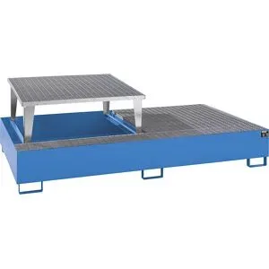 eurokraft pro Stahl-Auffangwanne für Tankcontainer IBC / KTC, LxBxH 2650 x 1460 x 865 mm, mit 1 Abfüllaufsatz, Auffangvolumen 1000 l, lackiert, blau RAL 5012