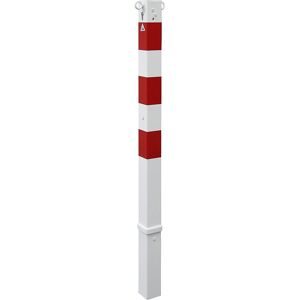 Absperrpfosten, 70 x 70 mm, herausnehmbar, zwei Ösen, mit Profilzylinder, weiß/rot Schake