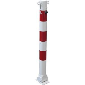 Absperrpfosten, Ø 76 mm, weiß / rot, klappbar mit Profilzylinder, mit 2 Ösen Schake