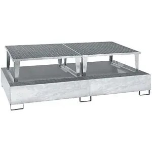 Stahl-Auffangwanne für Tankcontainer IBC / KTC, LxBxH 2650 x 1460 x 865 mm, mit 2 Abfüllaufsätzen, Auffangvolumen 1000 l, feuerverzinkt eurokraft pro