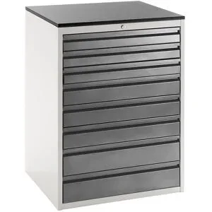 Schubladenschrank mit Teleskopführungen, Höhe 1030 mm, Schubladen 3 x 90, 3 x 120, 2 x 150 mm, lichtgrau / anthrazit, Breite 770 mm RAU