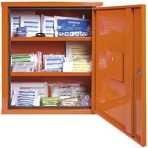 Verbandschrank nach DIN 13169, eintürig, signalorange, HxBxT 560 x 490 x 200 mm, mit Füllung SÖHNGEN