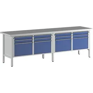 Werkbank Breite 2800 mm, Gestellbauweise, 12 Schubladen, 8 x 90 mm, 4 x 360 mm, Höhe 890 mm, Universalplatte ANKE