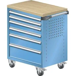 Werkstattwagen, mit Multiplex-Holzabdeckung 40 mm, 6 Schubladen, blau LISTA