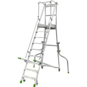 kaiserkraft Mobile Alu-Podesttreppe, klappbar, mit gerieften Aluminiumstufen, 9 Stufen inkl. Plattform