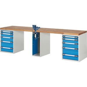 Werkbank, Baukastensystem Serie 7000, 10 Schubladen, 1 Schraubstock (Klapp-Lift) mittig, BxT 3000 x 700 mm eurokraft pro